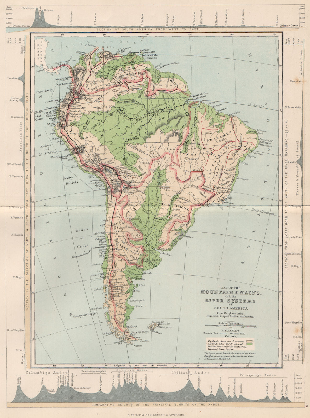 SOUTH AMERICA. Map Mountain Chains & river systems of 1886 old antique